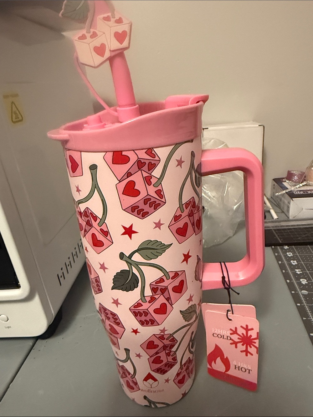 Pink Cherry Heart Insulated Travel Tumbler by